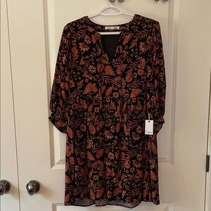 Dex Long Sleeve Dress with Black and Orange Floral Design